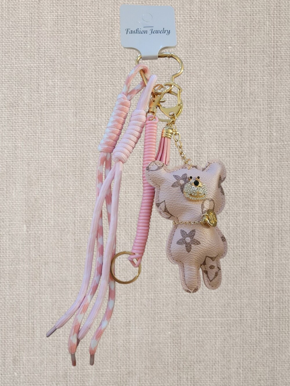 Fashion Jewelry Pink Teddy Bear Tassel Keychain with Gold Hardware